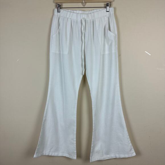 Unbranded Pants - Womens White Linen Blend Wide Leg Flare Pants Size L Coastal Resort Summer Swim